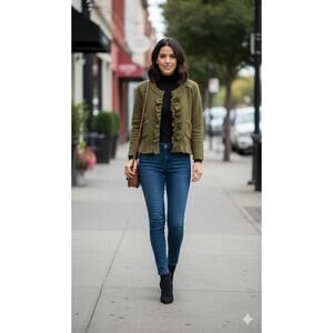 Loft Olive Green Ruffled Merino Boiled Wool Full Zip Blazer Small Petite Peplum